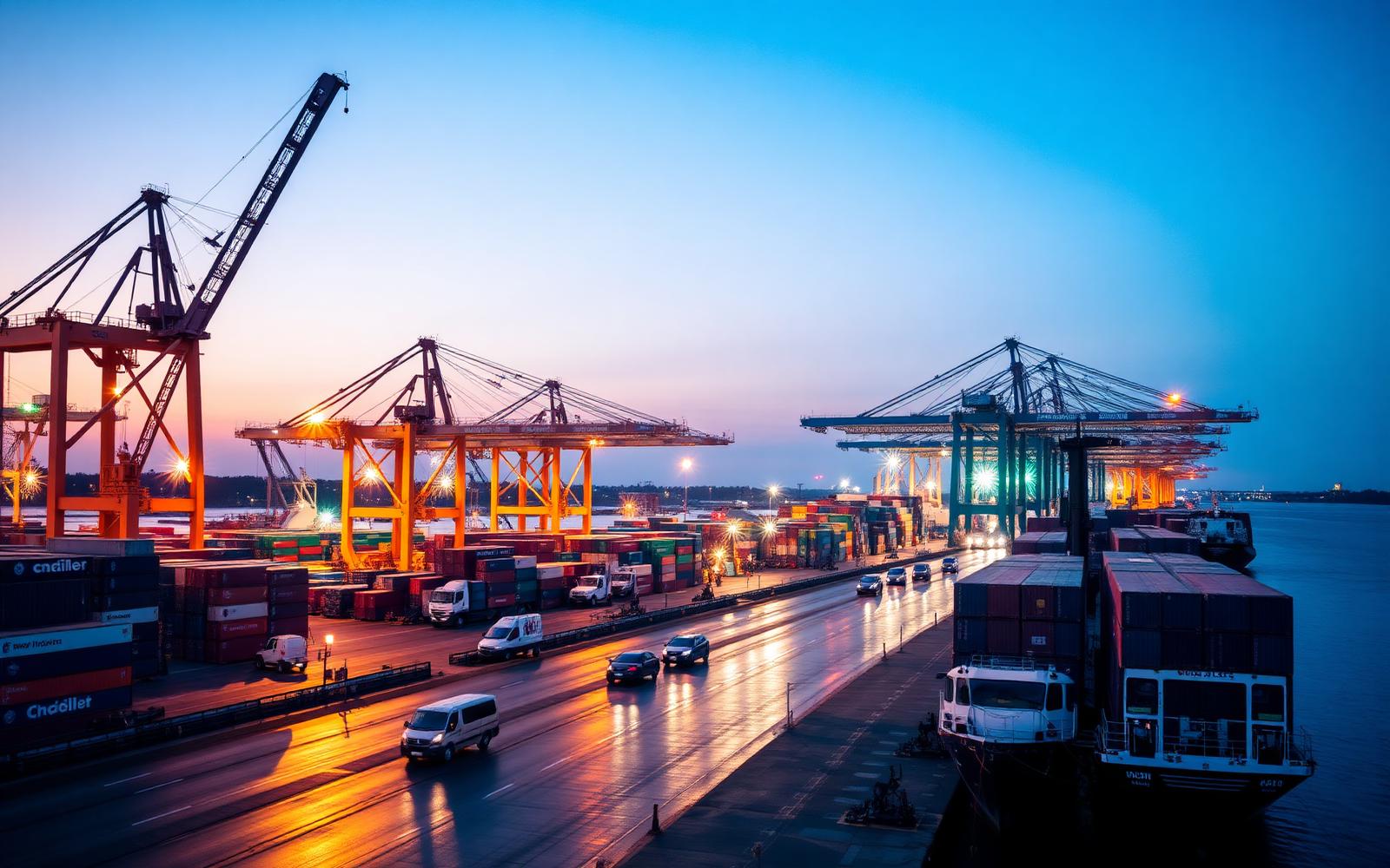 Commercial port terminal with cranes and containers at dusk