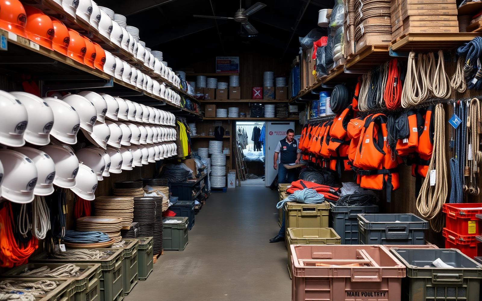 Marine supplies including safety helmets, life jackets, ropes and tools in a ship chandler store